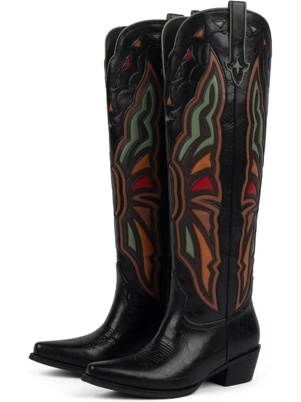 Women's Black Embroidered Wide Calf Pointed Toe Cowgirl Knee High Boots